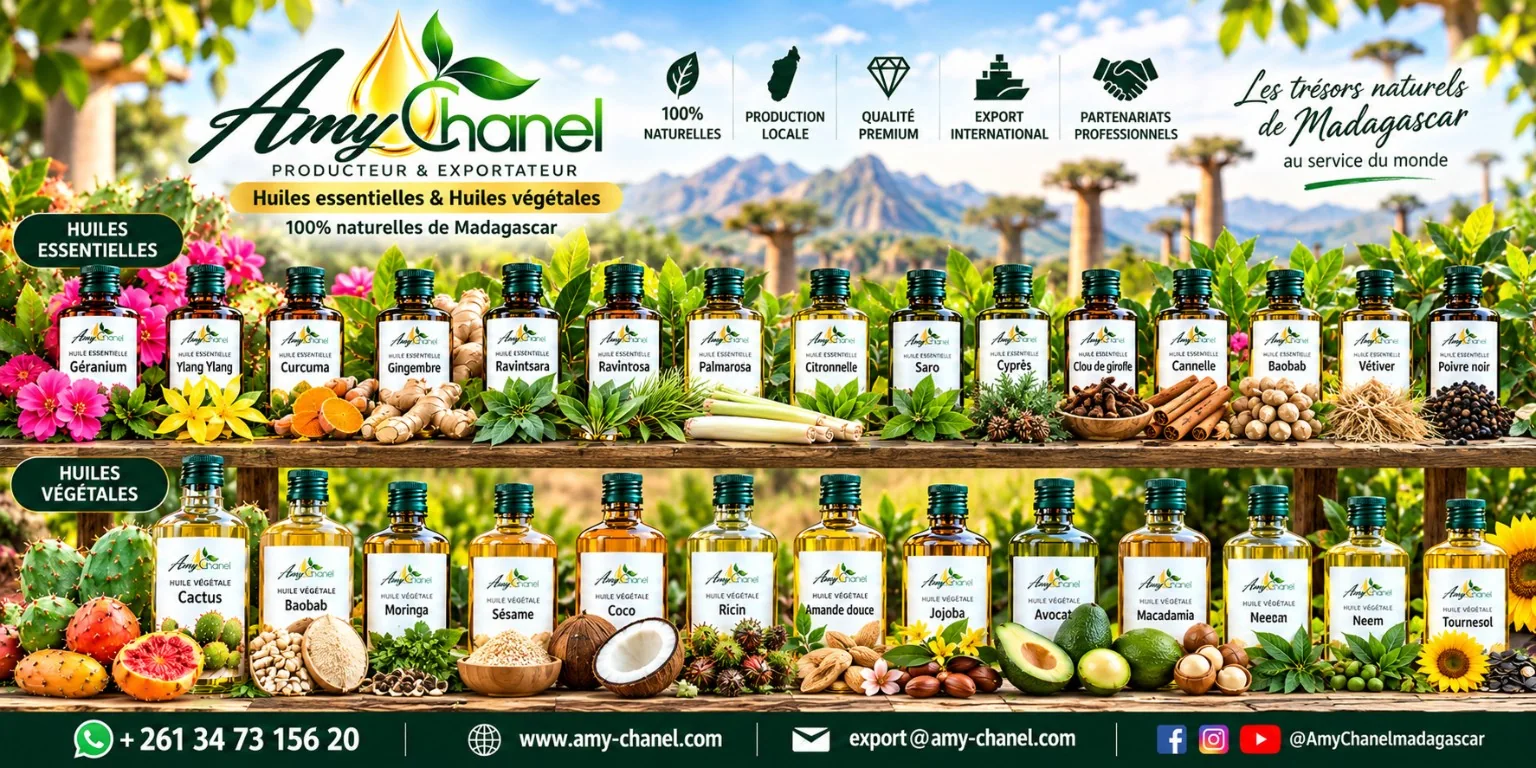 Amy Chanel · Huiles essentielles et végétales · Export Madagascar